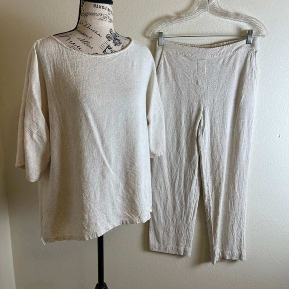 Chico's Pants - Chicos 2 Piece Linen Blend Set Oatmeal Beige Boxy Top Straight Leg Pants Size 1